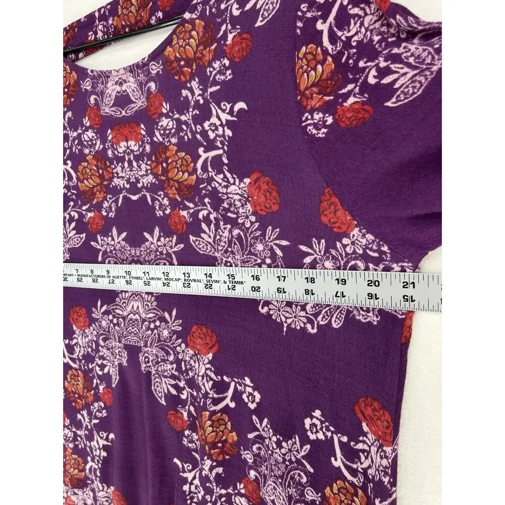 Free People Purple Floral Boho Tunic Top Open Back Bell Sleeve Womens Large - Picture 6 of 12